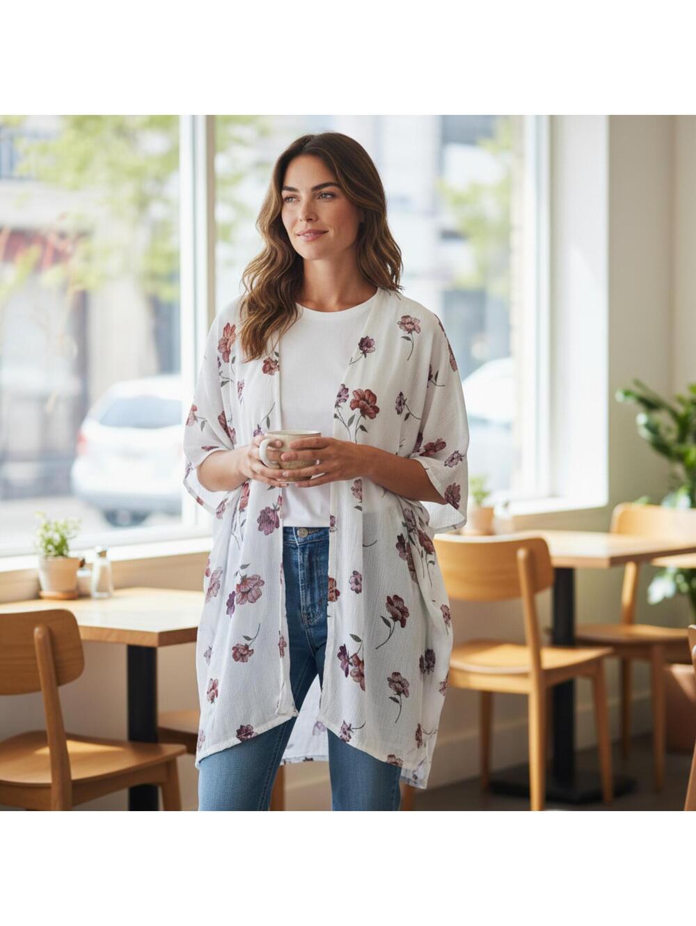 Final Touch Floral Kimono Duster Boho Open Front Cover Up S